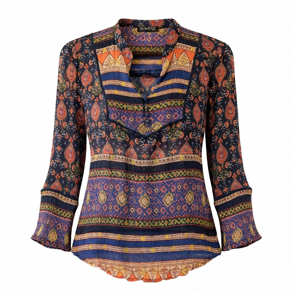Lucky Brand Paisley‎ Print Blouse XS Long Sleeve Sheer Gauze Boho Festival Y2K